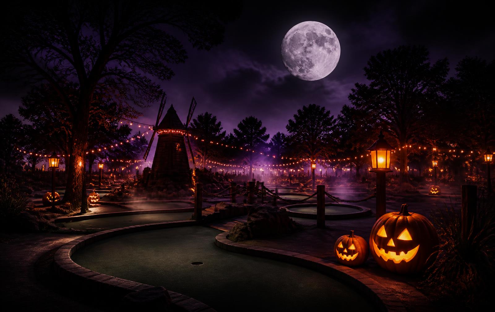 Mini golf course at night lit by string lights, lanterns and jack-o'-lanterns